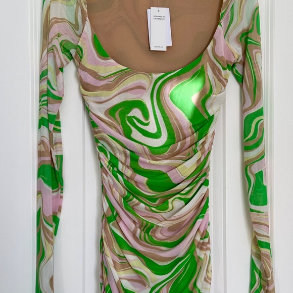 NWT AFRM LOS ANGELES green swirl ruched mini dress - Picture 4 of 8